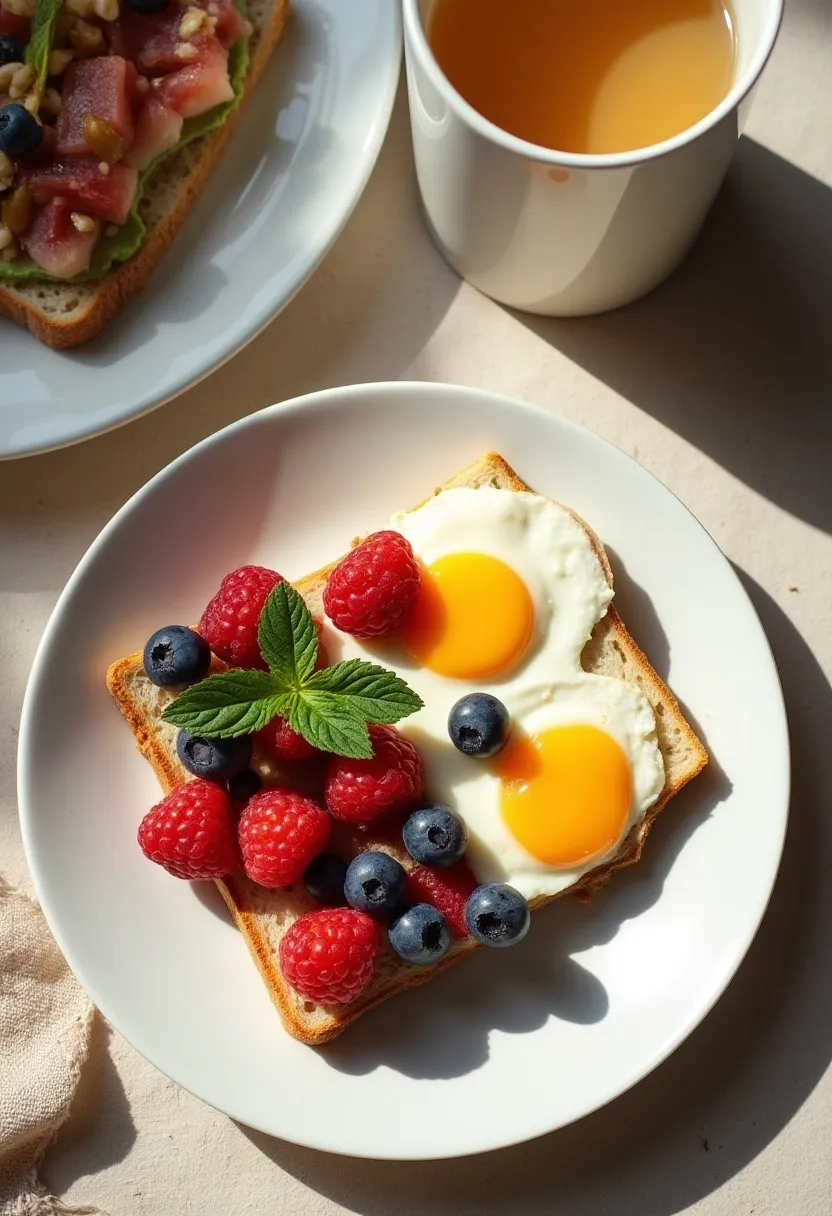 Balanced breakfast with yogurt, fruit, and whole-grain toast on a rustic surface, symbolizing starting the day with a nourishing meal.