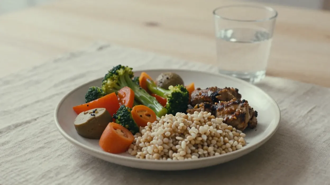 A balanced plate with vegetables, whole grains, and protein in soft natural light, symbolizing everyday nourishment.