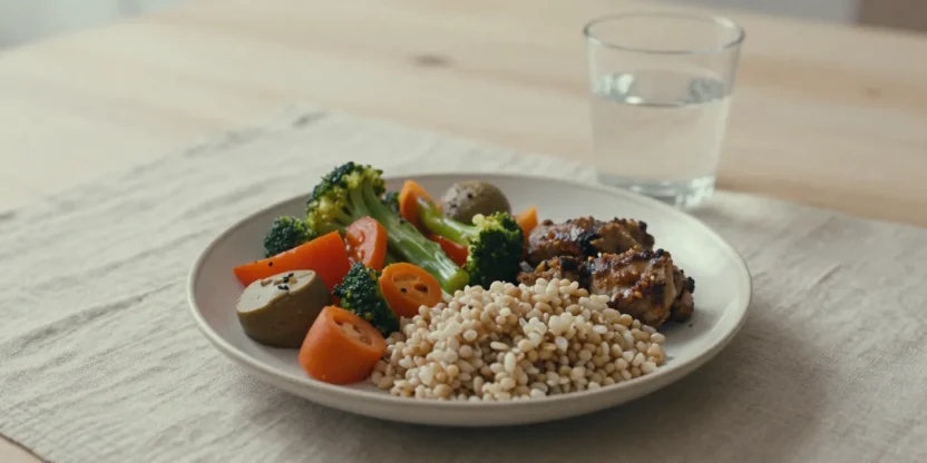 A balanced plate with vegetables, whole grains, and protein in soft natural light, symbolizing everyday nourishment.