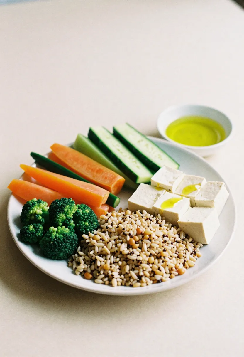 A simple arrangement of vegetables, whole grains, protein, and healthy fats in soft natural light, illustrating the core principles of a balanced diet.