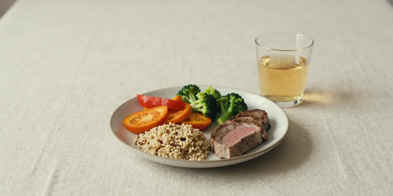 A balanced plate with vegetables, wholegrains, and protein in soft natural light, symbolizing simple, nourishing everyday nutrition.