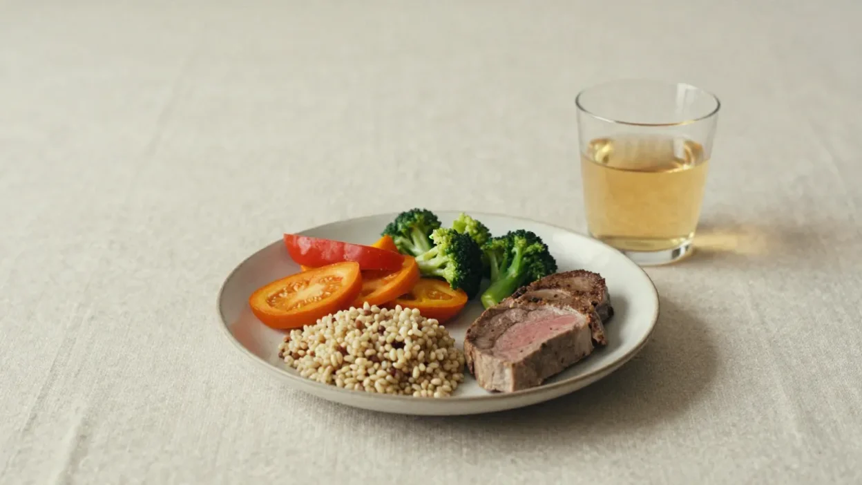A balanced plate with vegetables, wholegrains, and protein in soft natural light, symbolizing simple, nourishing everyday nutrition.