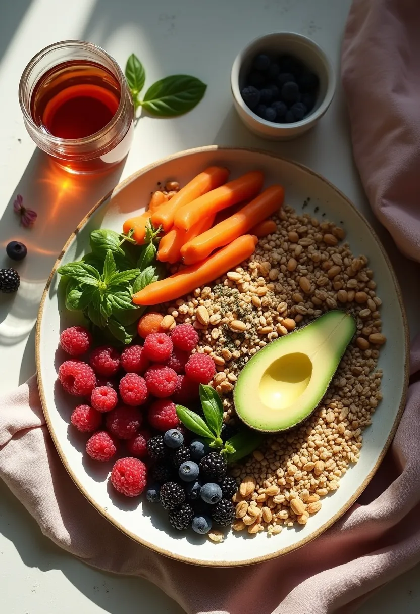 Flat-lay of balanced whole foods arranged naturally with a cup of tea, symbolizing mindful, flexible eating habits.
