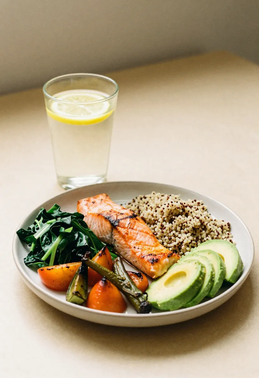 A balanced meal with protein, vegetables, avocado, and whole grains alongside lemon water, symbolizing nourishing sugar-free meals.