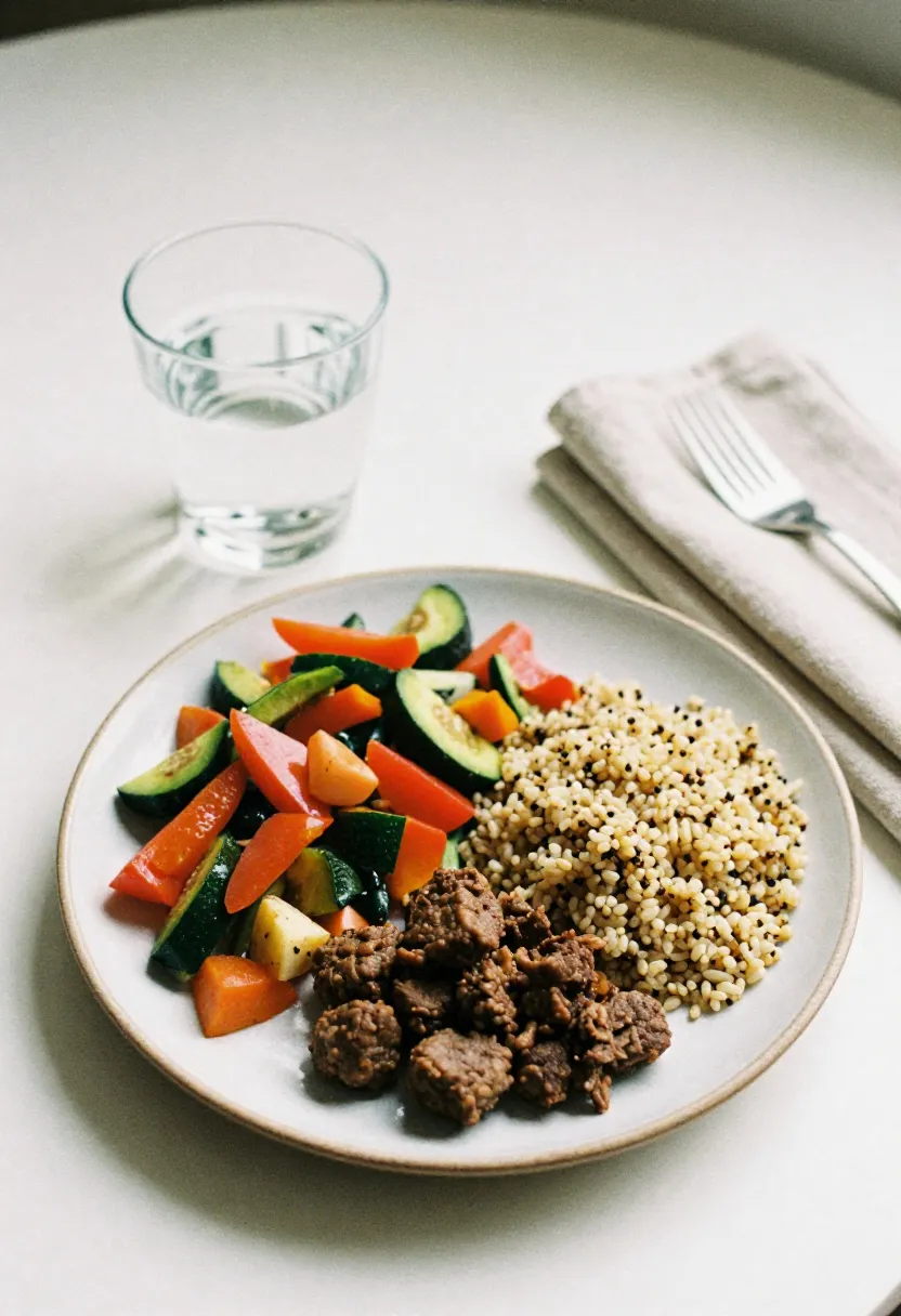 A balanced plate with vegetables, wholegrains, and protein in soft natural light, illustrating simple everyday meal-balancing tips.