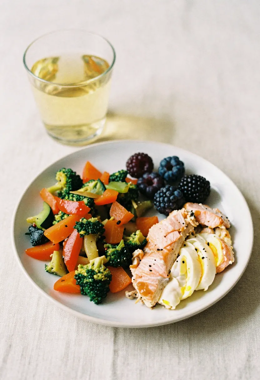 A balanced plate with soft vegetables, tender protein, and berries in soft natural light, symbolizing the benefits of good nutrition for seniors.