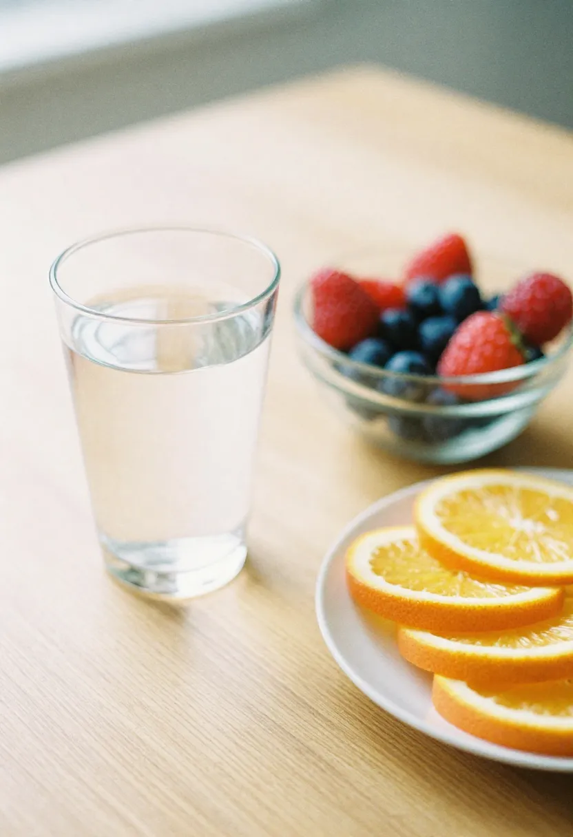 A glass of water with berries and citrus slices in soft natural light, symbolizing the health benefits of cutting back on added sugars.