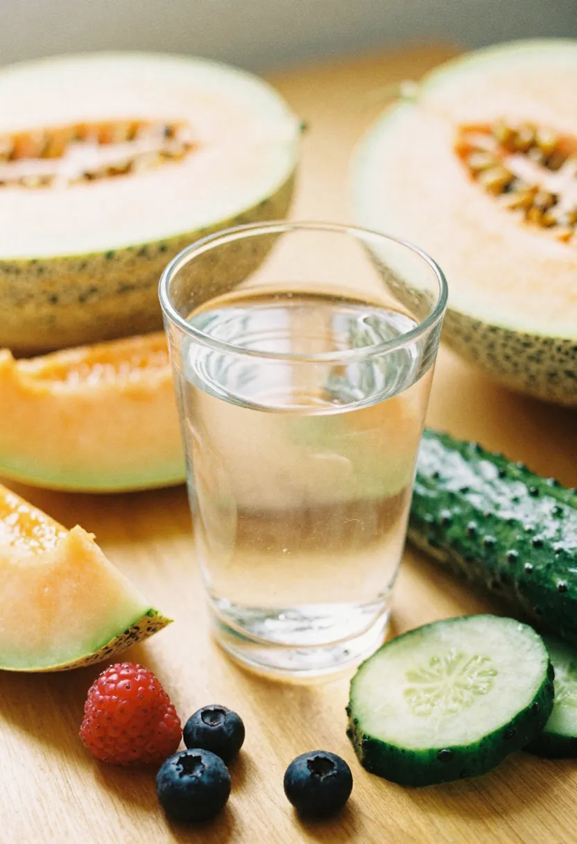 A full glass of water with melon, berries, and cucumber in soft natural light, symbolizing the health benefits of hydration for older adults.