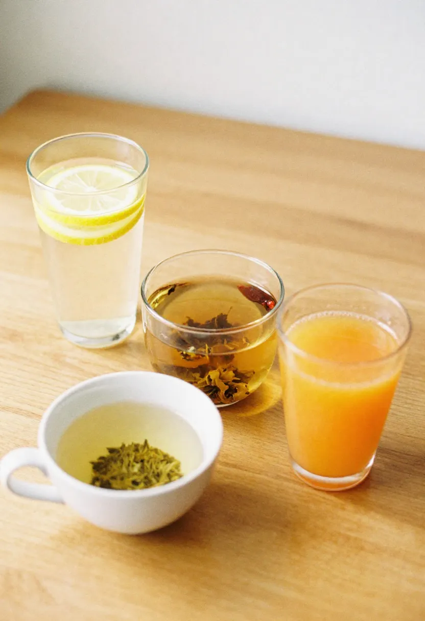 A selection of hydrating drinks including infused water, herbal tea, broth, and diluted juice displayed in soft natural light.