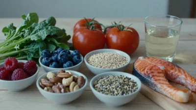 Heart-healthy foods such as leafy greens, berries, whole grains, nuts, and salmon arranged with a glass of water to illustrate diet tips for blood pressure control.