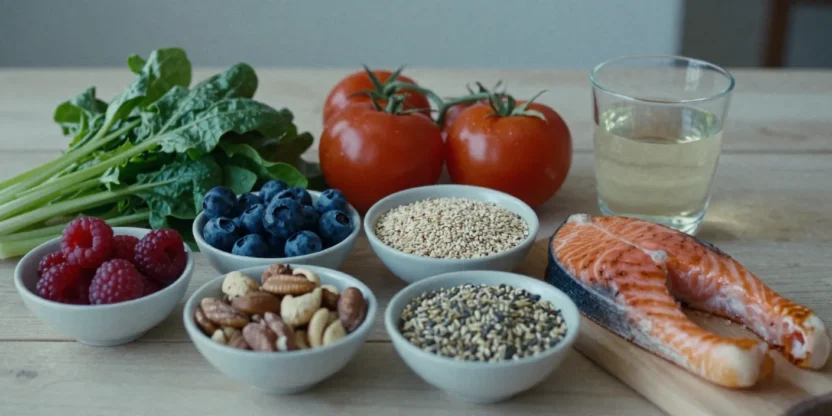 Heart-healthy foods such as leafy greens, berries, whole grains, nuts, and salmon arranged with a glass of water to illustrate diet tips for blood pressure control.