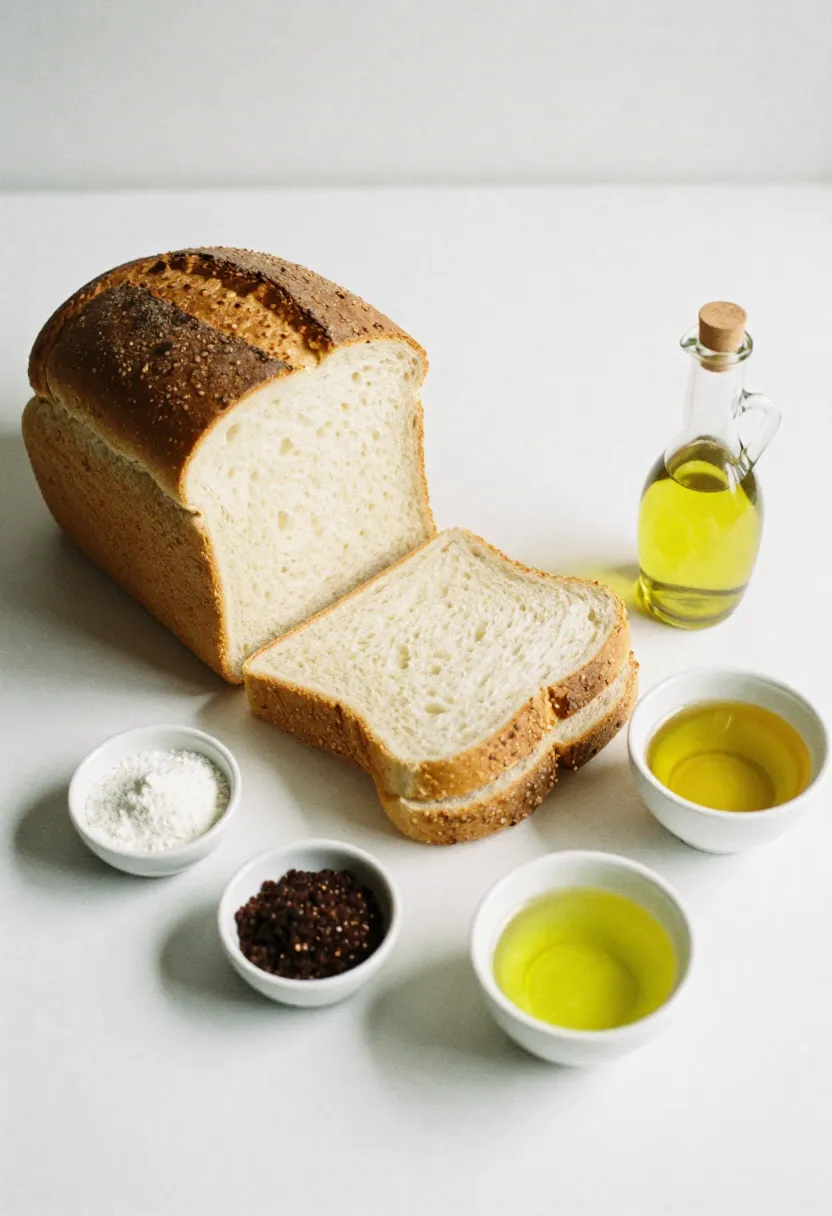 Commercial sliced bread with small bowls of baking additives arranged beside it.