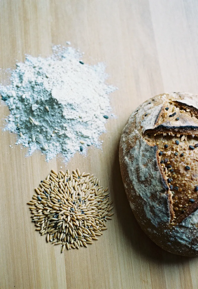 Whole grains, flour, and a sliced wholegrain loaf arranged in soft natural light.