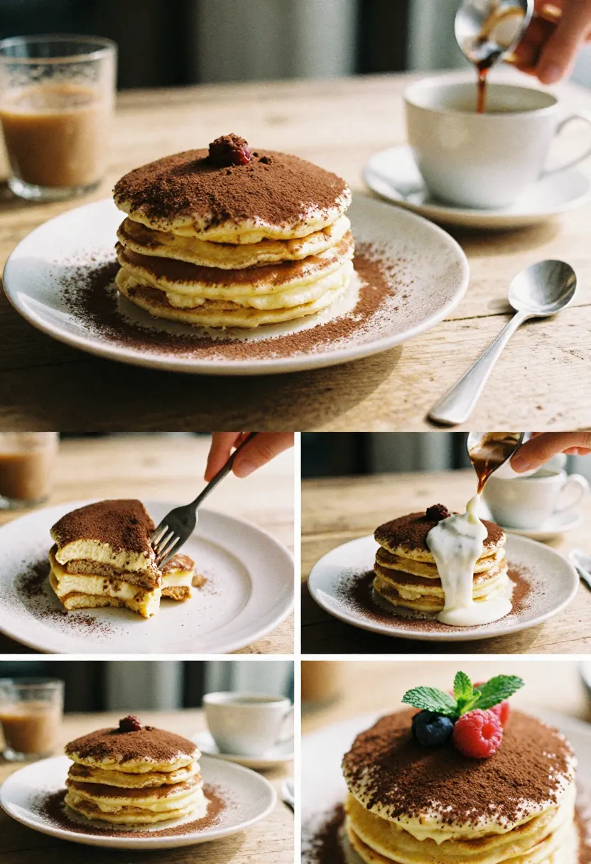 Collage showing the cozy enjoyment of vegan tiramisu pancakes with coffee, creamy layers, cocoa, and fresh berries.