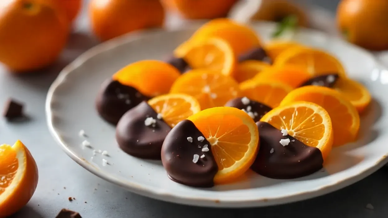 Translucent candied orange slices on a wire rack with a simmering syrup pot, showing the slow, homemade candying process.