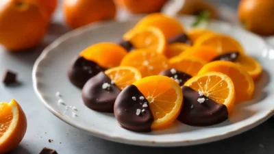 Translucent candied orange slices on a wire rack with a simmering syrup pot, showing the slow, homemade candying process.