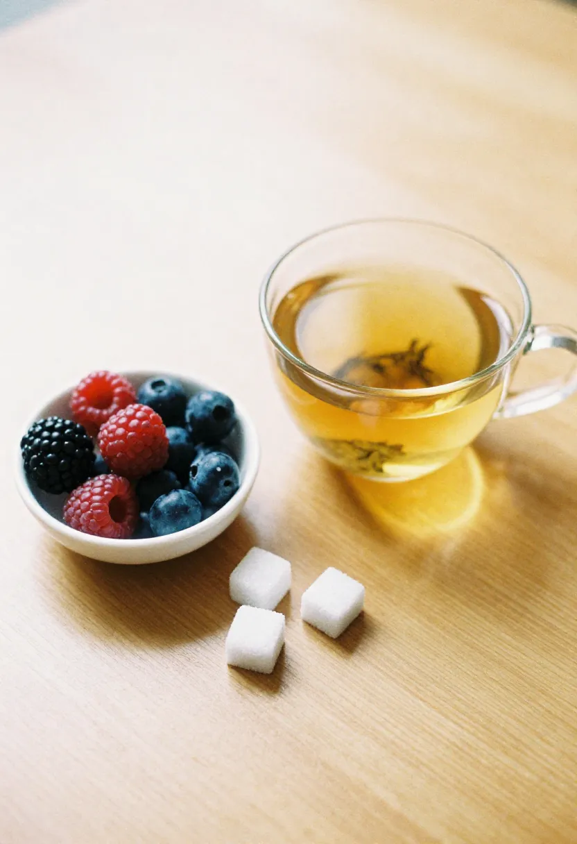 A cup of herbal tea, berries, and sugar cubes placed aside, symbolizing the common challenges of reducing sugar.