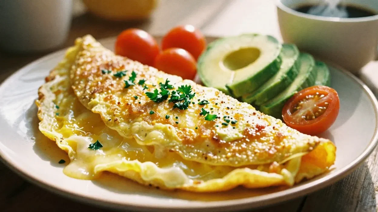 Fluffy cheese omelette with herbs and cherry tomatoes on a rustic plate, served with coffee.