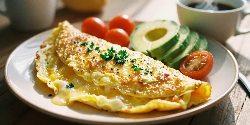 Fluffy cheese omelette with herbs and cherry tomatoes on a rustic plate, served with coffee.