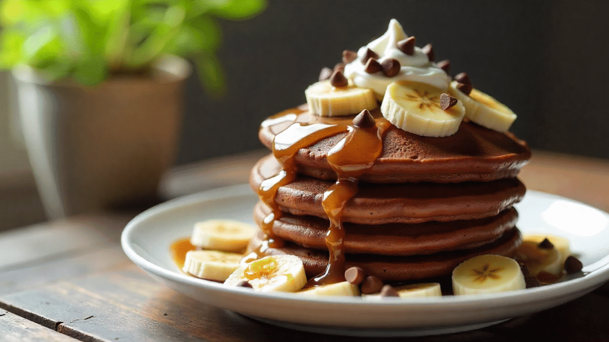 Stack of chocolate banana pancakes with bananas, chocolate, syrup, and whipped cream.