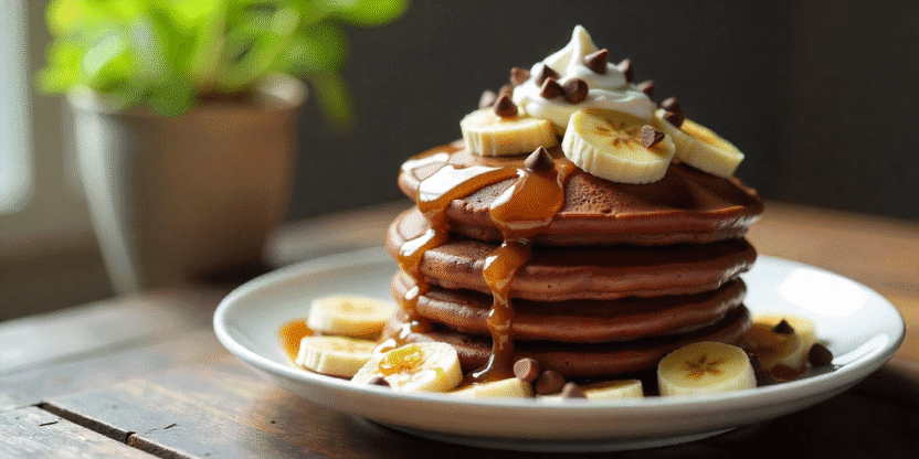 Stack of chocolate banana pancakes with bananas, chocolate, syrup, and whipped cream.