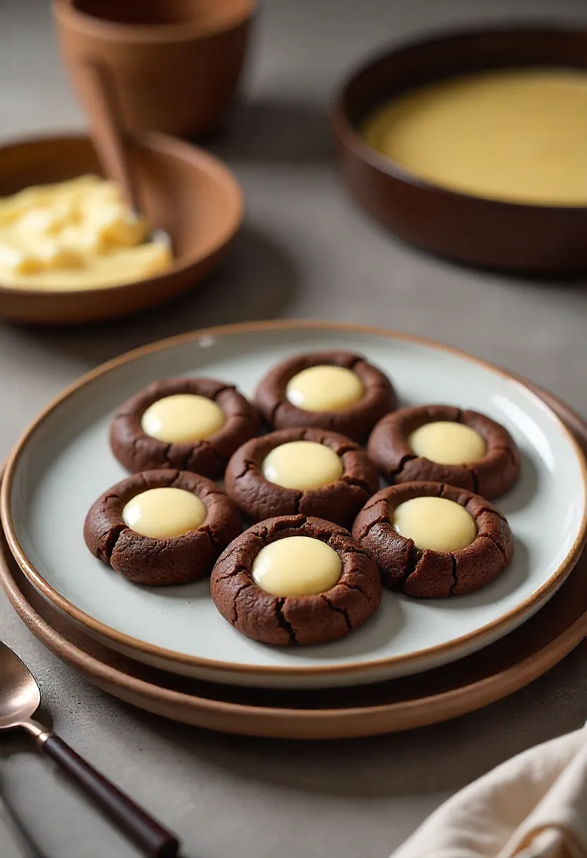 Chocolate thumbprint cookies with vanilla custard on a plate in a cozy kitchen, highlighting homemade care and indulgence.