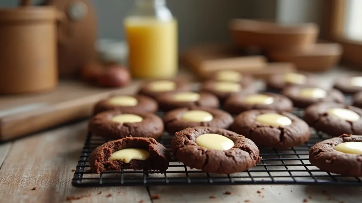 Chocolate thumbprint cookies with vanilla custard on a cooling rack in a cozy kitchen.