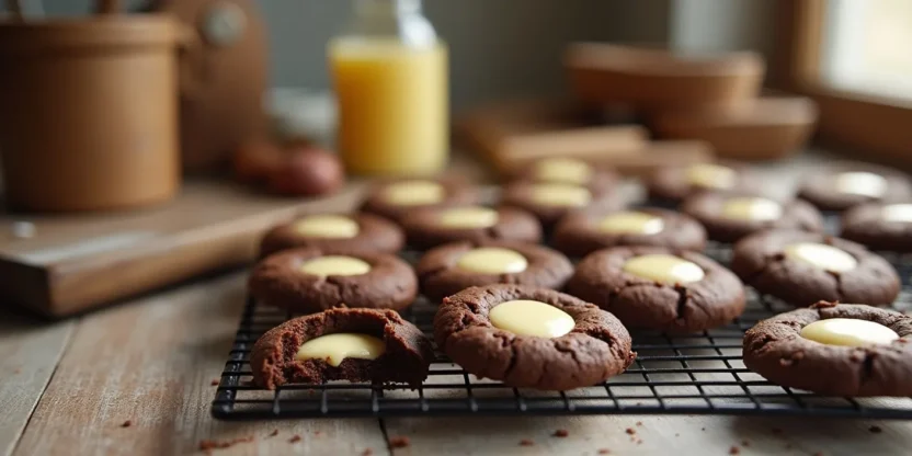 Chocolate thumbprint cookies with vanilla custard on a cooling rack in a cozy kitchen.