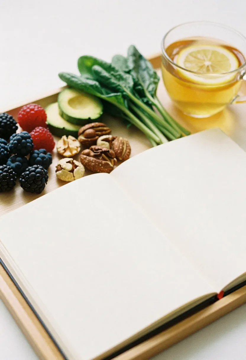A calm arrangement of heart-healthy foods, a blank notebook, and a warm drink, symbolizing clear guidance for common questions about diet and cholesterol.