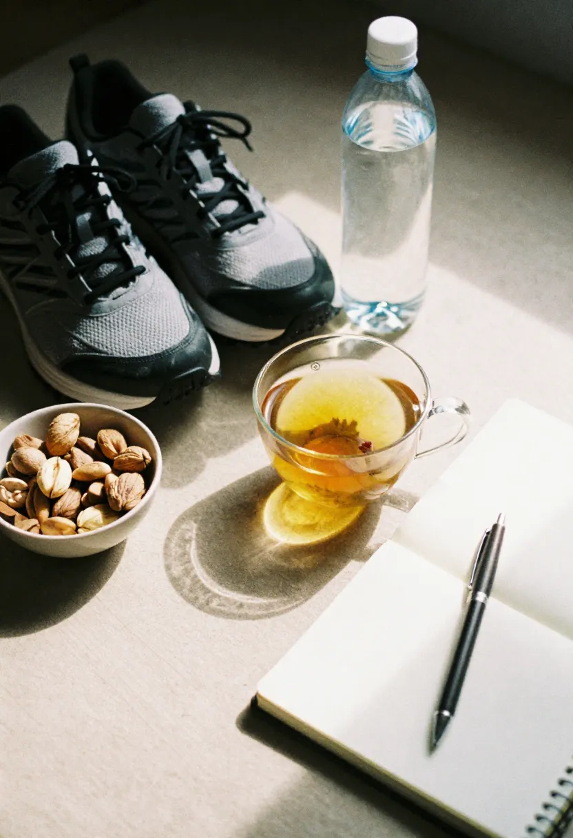 A calm still life with walking shoes, herbal tea, fruit, nuts, and a journal, symbolizing lifestyle habits that support a cholesterol-lowering diet.