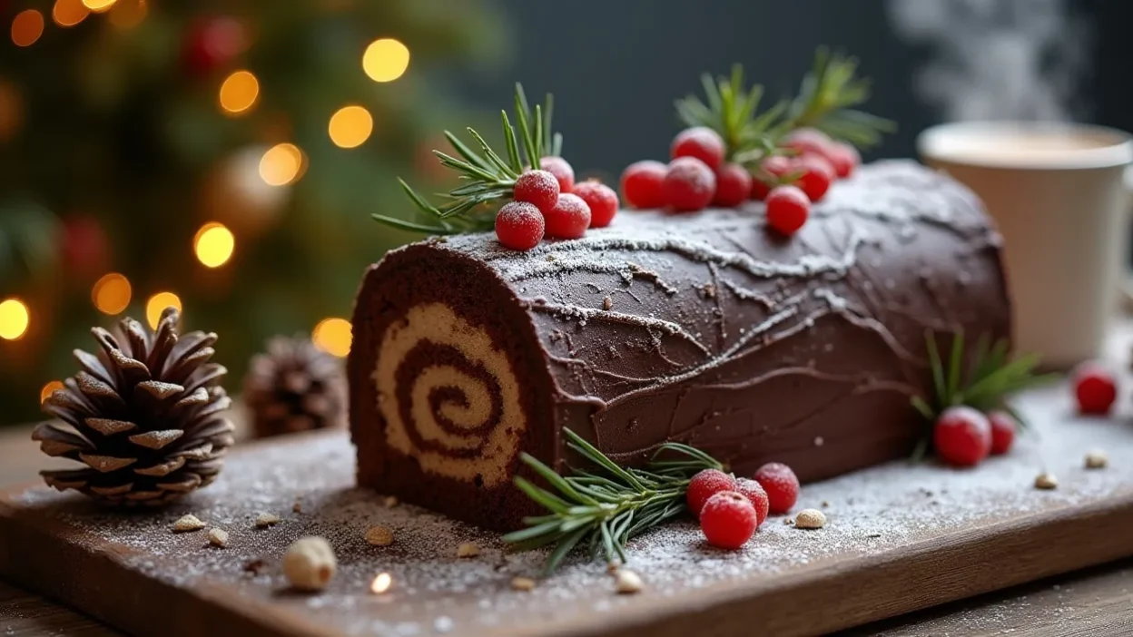 Festive Yule Log cake with chocolate ganache, berries, and holiday decorations on a wooden table.