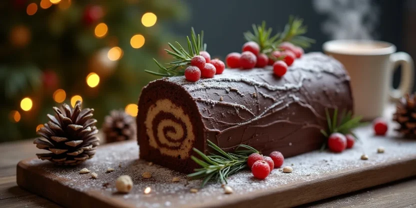 Festive Yule Log cake with chocolate ganache, berries, and holiday decorations on a wooden table.