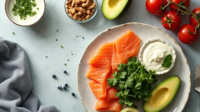 Flat-lay of skin-friendly foods like berries, greens, nuts, and salmon arranged on a clean surface to represent diet habits for clearer skin.