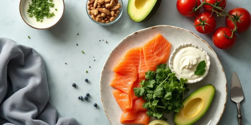 Flat-lay of skin-friendly foods like berries, greens, nuts, and salmon arranged on a clean surface to represent diet habits for clearer skin.