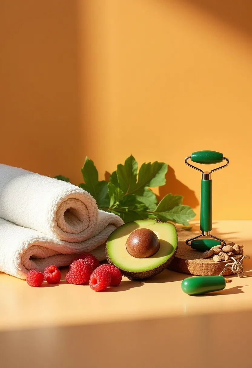 Flat-lay of whole foods and a simple skincare tool, symbolizing diet as one supportive part of achieving clearer skin.