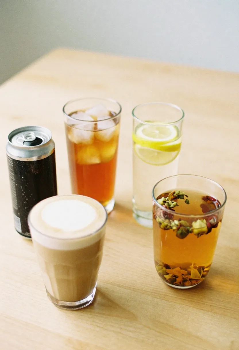 Sugary drinks like soda and sweetened tea placed beside lemon water and herbal tea, symbolizing the importance of cutting down on liquid sugars first.