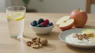 A light wooden table with lemon water, berries, sliced apple, nuts, and whole foods arranged in soft natural light, symbolizing reducing sugar in later life.