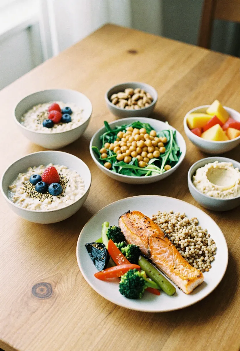 A collection of oatmeal, salad, salmon with vegetables, nuts, and fruit arranged on a rustic table, representing a daily meal plan for lowering cholesterol.