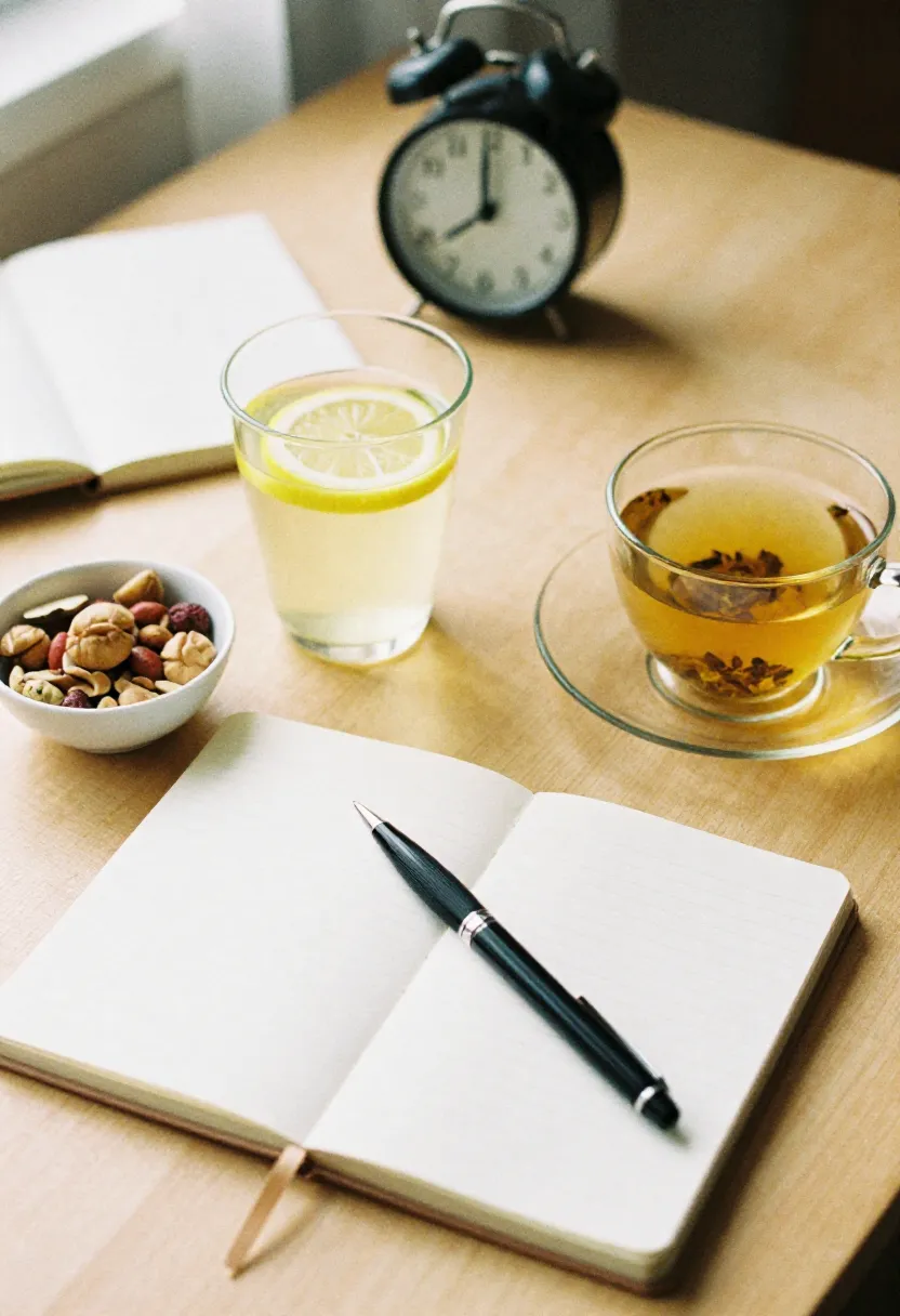 Lemon water, fruit, nuts, a notebook, and a small clock arranged on a light wooden table in soft natural light, symbolizing daily routines to reduce sugar.
