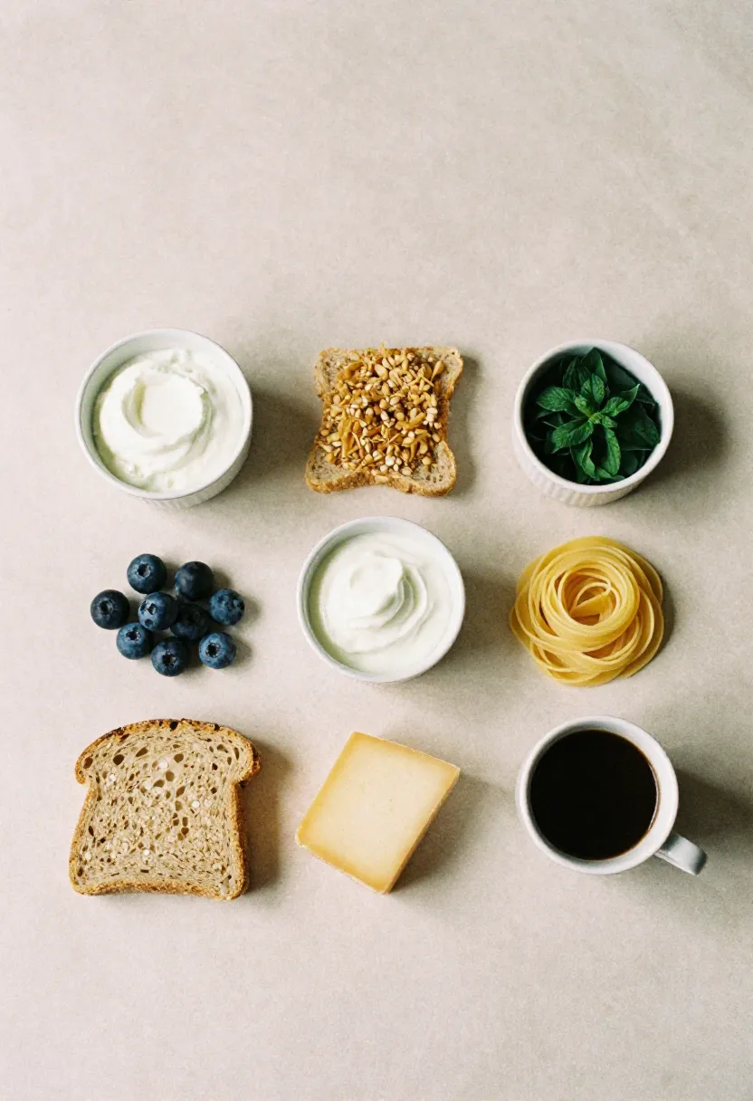 Flat-lay featuring small portions of dairy, gluten foods, and coffee arranged with gentle contrast to symbolize evaluating their effects on endometriosis.