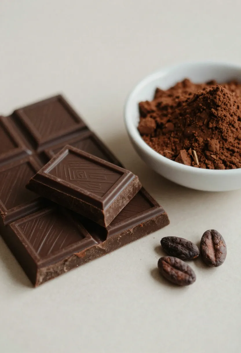 Dark chocolate pieces and cacao powder displayed in warm natural light, highlighting antioxidant and mood-lifting qualities.