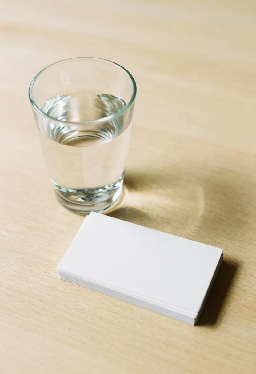 A clear glass of water beside a stack of white cards in soft natural light, symbolizing common questions and answers about dehydration risks.
