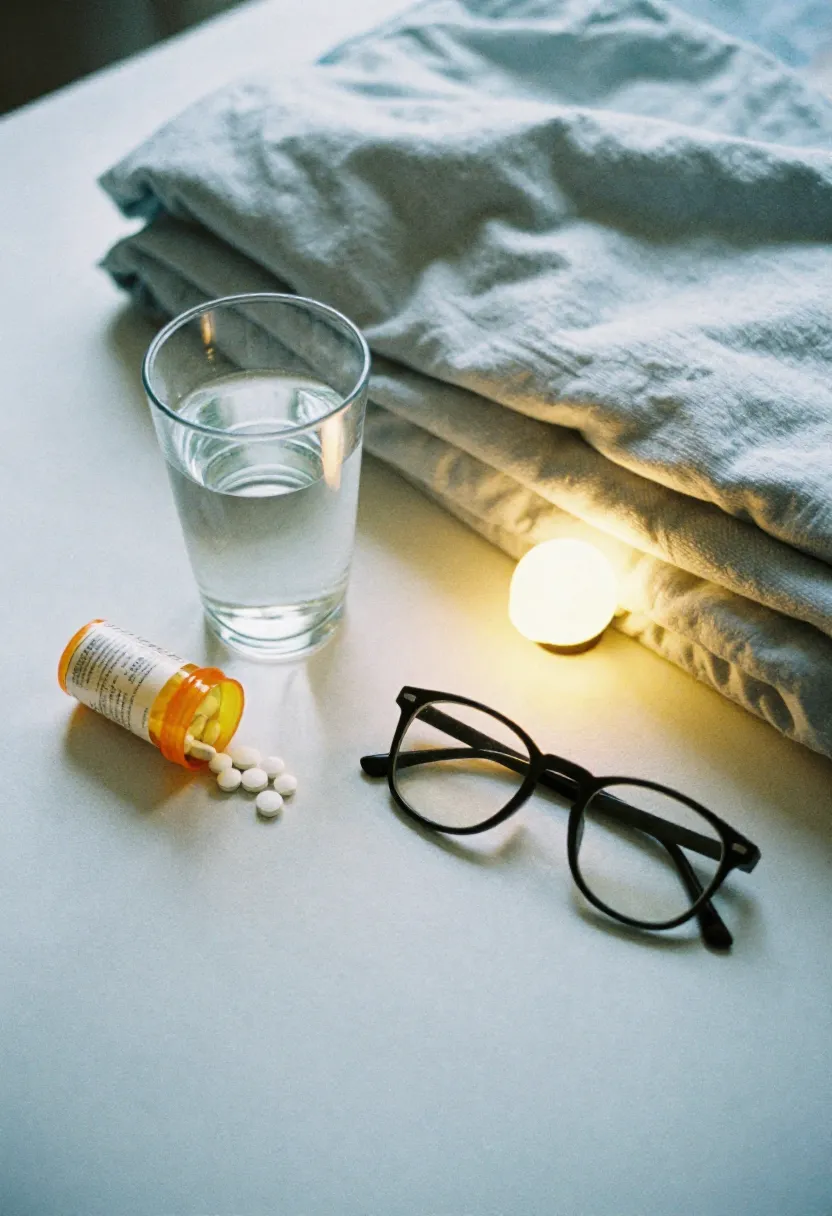 A nearly empty glass of water beside a pill bottle and folded blanket, symbolizing common dehydration risks for older adults.