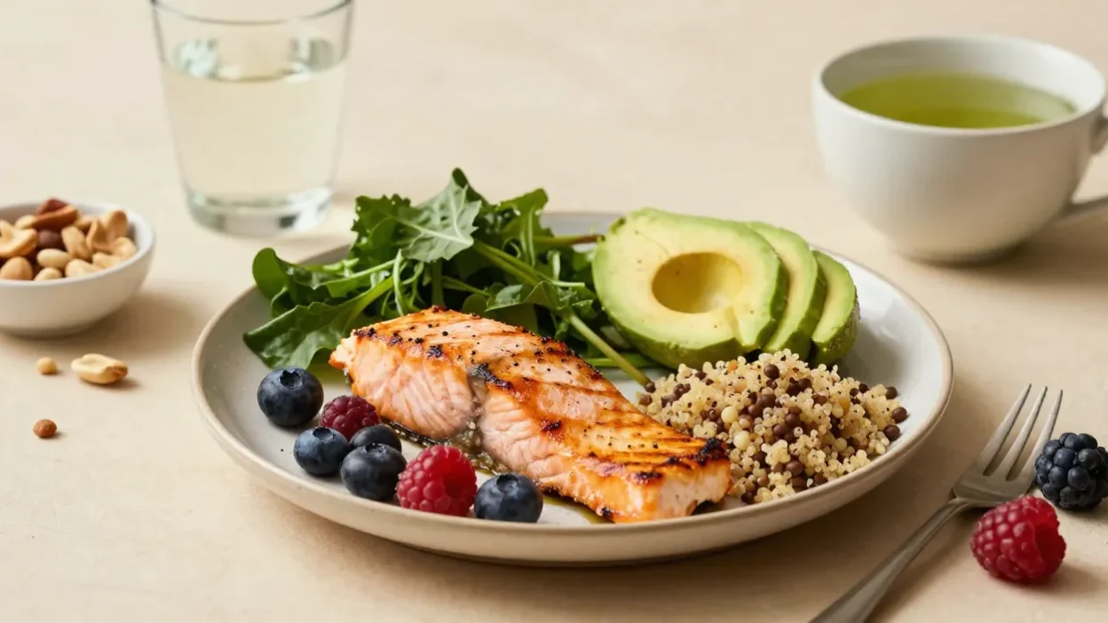 A balanced diabetes-friendly meal with greens, salmon, quinoa, avocado, berries, and water arranged on a wooden table.