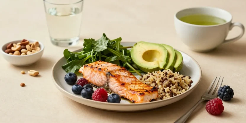 A balanced diabetes-friendly meal with greens, salmon, quinoa, avocado, berries, and water arranged on a wooden table.