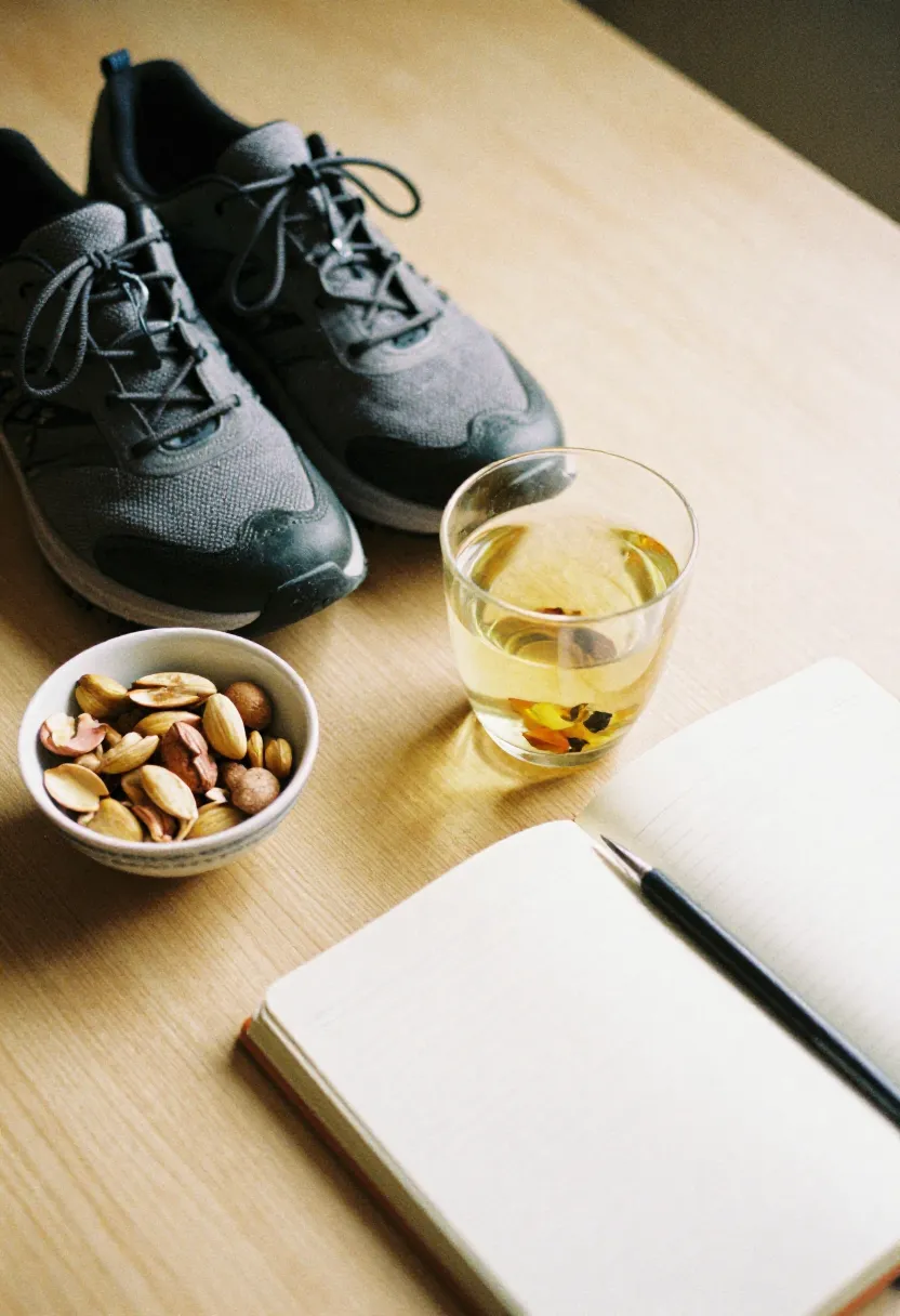 Walking shoes, herbal tea, nuts, and a journal arranged together to represent lifestyle habits that support a diabetes-friendly diet.