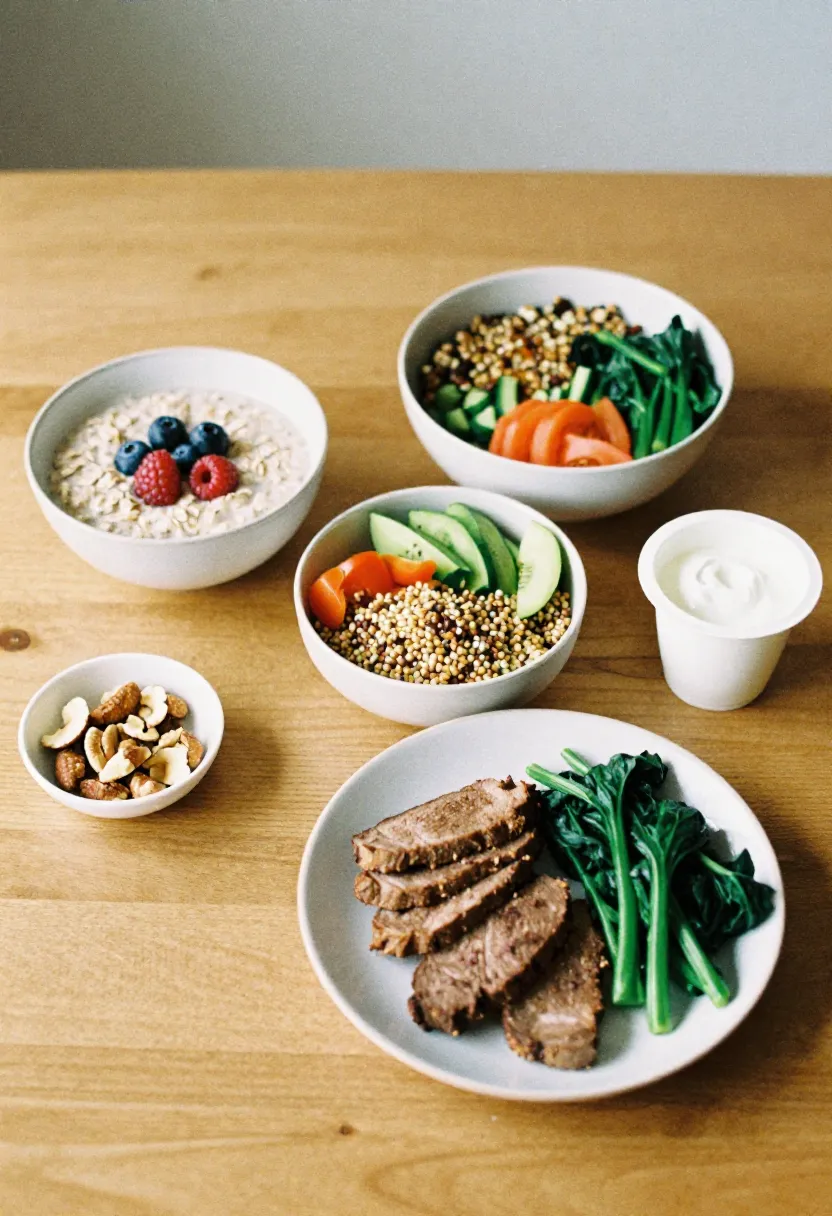 A balanced daily meal setup with oatmeal and berries, a vegetable grain bowl, salmon with greens, and healthy snacks arranged to illustrate a diabetes meal plan.