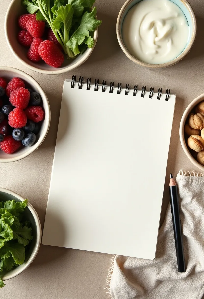 Flat-lay of wholesome foods and an open notepad, symbolizing answers to common questions about diet and acne.