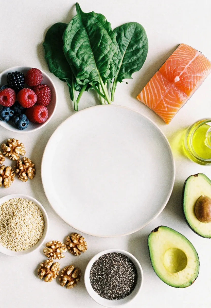 Flat-lay of anti-inflammatory foods arranged around open space, symbolizing the question of how diet influences endometriosis symptoms.