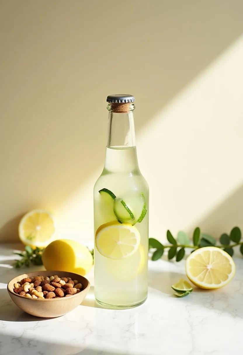 Glass of water with lemon beside small healthy snacks, symbolizing drinking water before meals.
